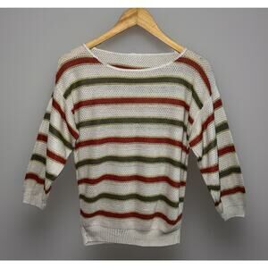 Vtg 70s 80s Striped Sweater Metallic Thread Fine Knit - Cream Olive Rust -Sz S/M